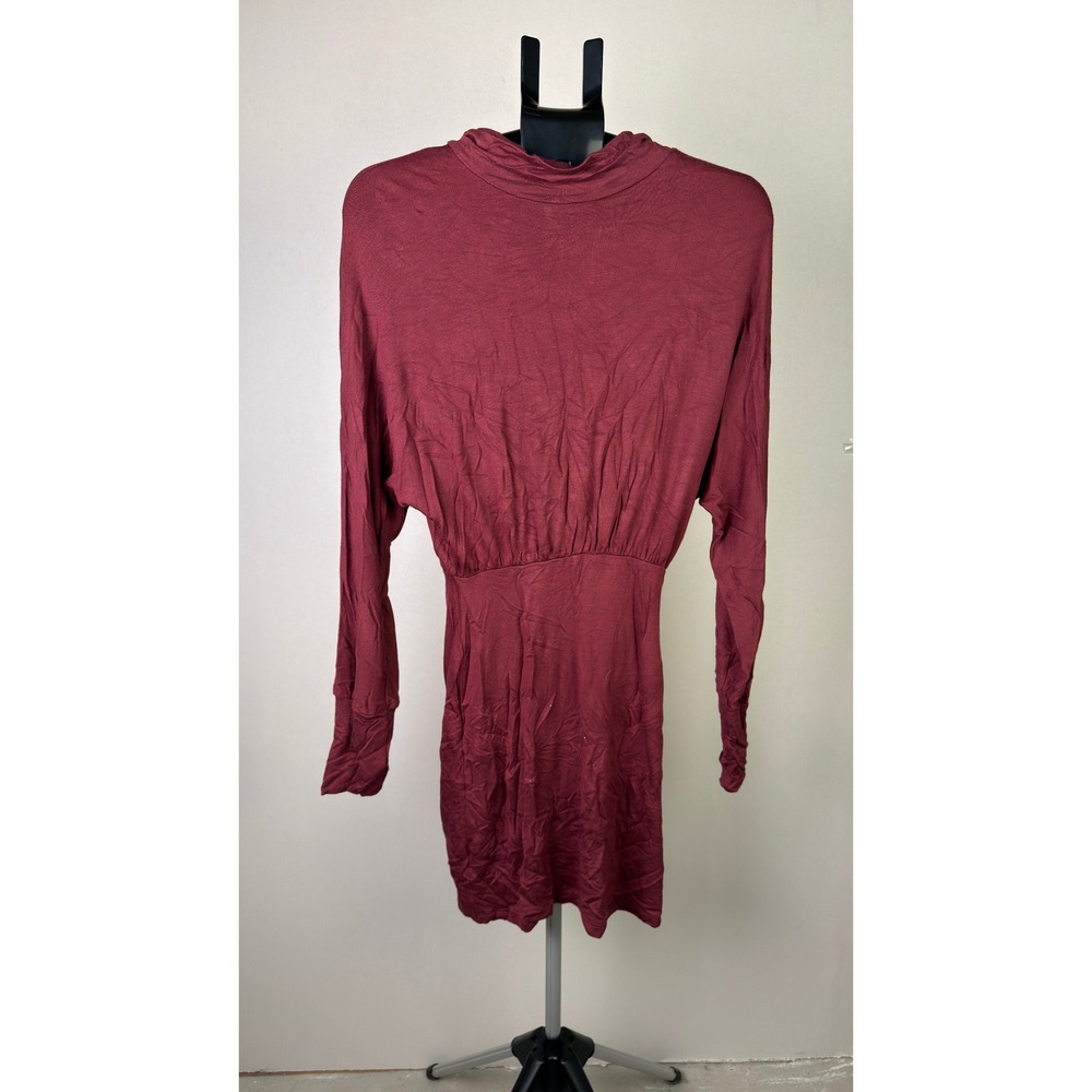 Fraiche by J Womens Burgundy Mock Neck Long Sleeve Cinched Waist Mini Dress S